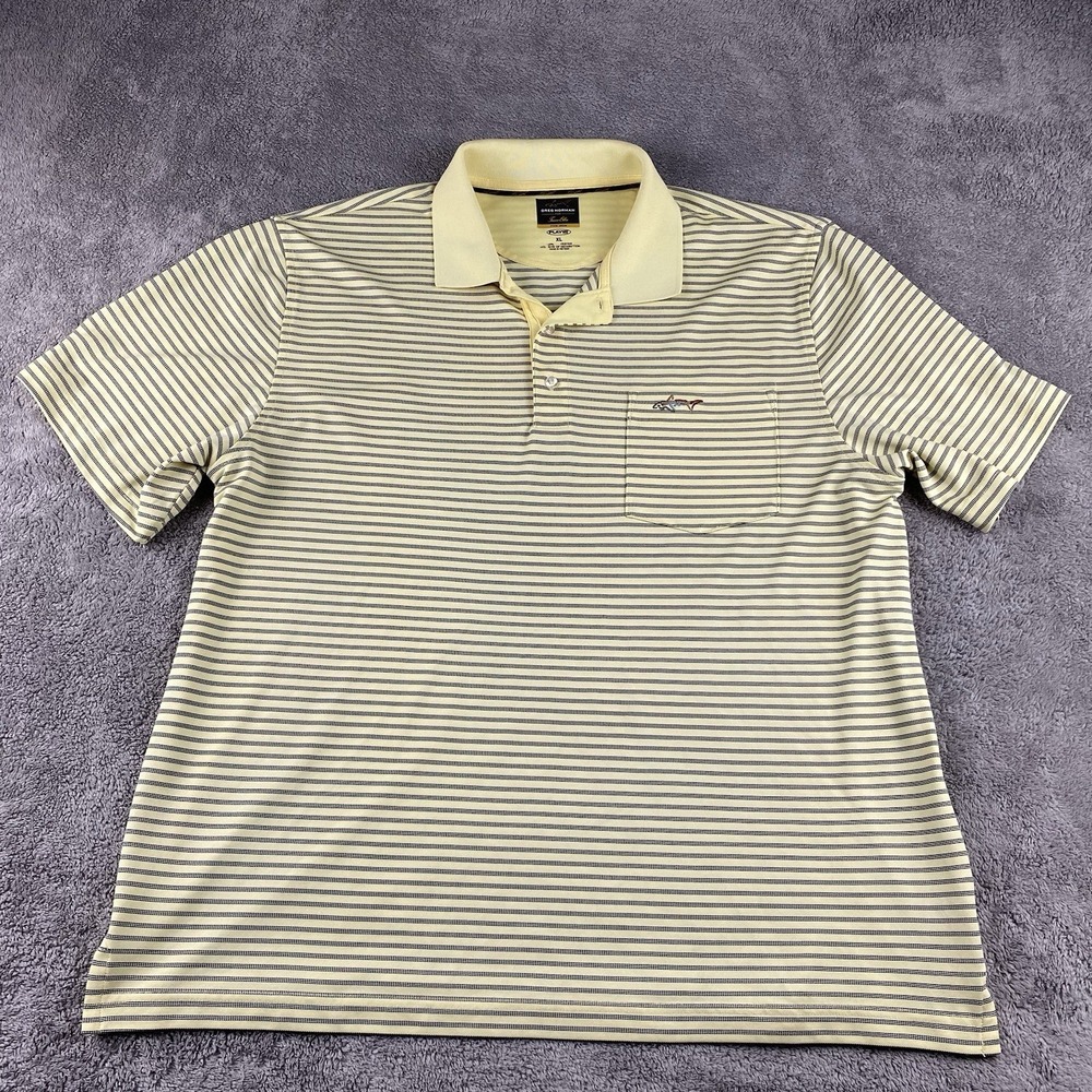 Greg Norman‎ Polo Shirt Men XL Yellow Striped Short Sleeve Golf